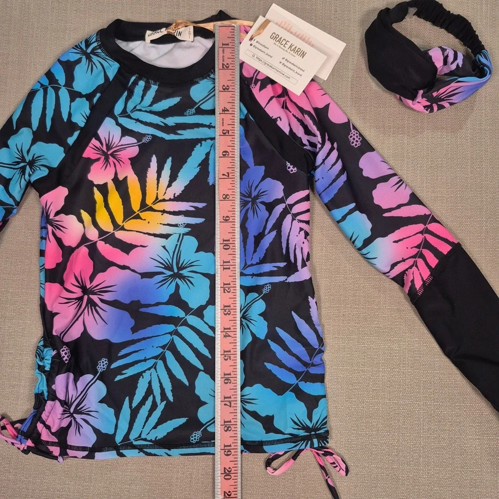 Grace Karin Girl Long Sleeve Swimsuit Two-Piece Rash Guard Floral Black Size 10Y